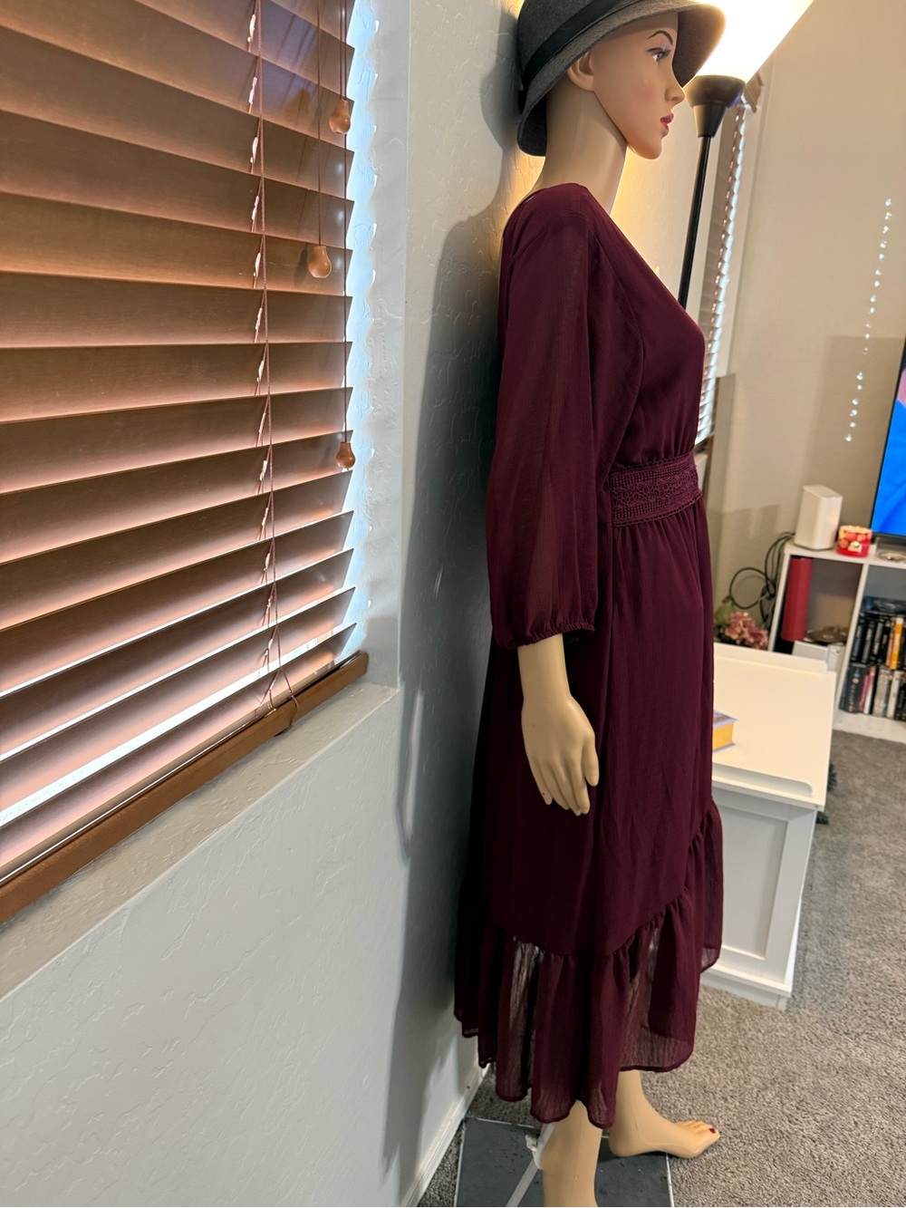 $8 Women's Burgundy Midi Dress with Crochet Waist$8 WHEN BUNDLED WITH 3 OR MORE - Picture 4 of 10